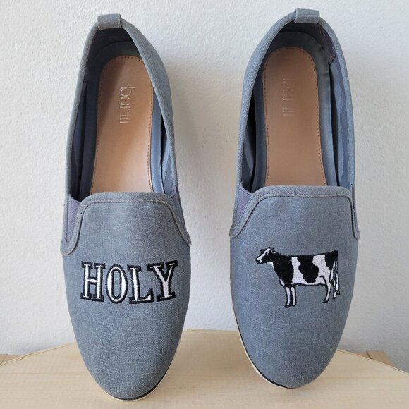 Bar III Shoes - Bar III Holy Cow Women Grayish / Blue Embroidered Slip On Loafers (Size: 8)